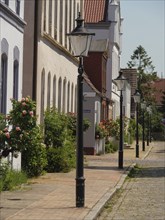 A peaceful and romantic street with blooming roses, historic buildings and lanterns on a sunny