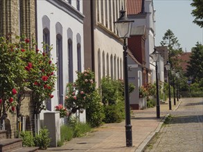 An idyllic street with historic buildings, blooming rose bushes and lampposts on a sunny summer's