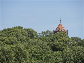 Historic tower with red roof emerging from a forest, Flensburg, Schleswig-Holstein, Germany, Europe