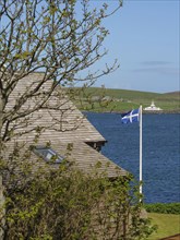 View of a coastal landscape with a house roof, a tree and a Scottish flag, Lerwick, Shetlands,