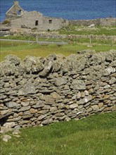 Stone wall in the foreground with ruins of old buildings in the background, surrounded by green