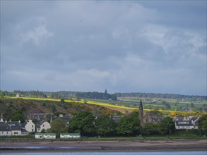 A quiet village by the sea with houses and trees, a church and a cloudy sky in the distance,