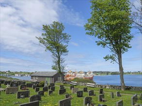 Cemetery with gravestones and trees, behind it a lake and ships under a blue sky, Haugesund, norway