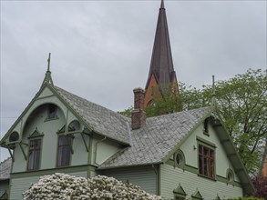 Decorative house with green façade in front of a high church tower and blossoming trees, Haugesund,