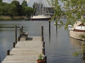 Wooden jetty on the water with moored boats and trees in the background, Arnis, Schleswig-Holstein,