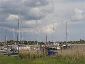 Sailboats lying in the harbour against a cloudy sky backdrop and surrounded by reeds, Arnis,