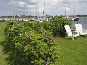 Cosy square with white chairs on a green lawn, boats on the water behind, Arnis,