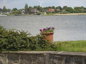 A flower pot stands in front of a riverbank with a village and wind turbines in the background,