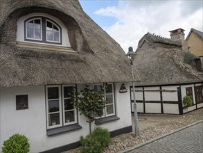 A thatched roof house on a cobbled street with windows and a street lamp under a cloudy sky,