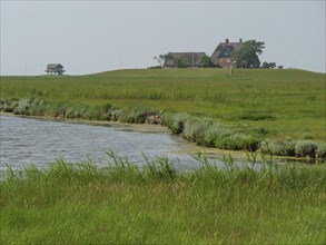 A single house stands on a small hill in the middle of a wide, green landscape near a lake, the