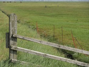 A rustic wooden fence overlooks a wide, green field on a clear summer's day, the atmosphere is calm