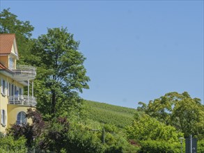 A house with balconies and green shutters, surrounded by lush trees and hills under a cloudy sky,