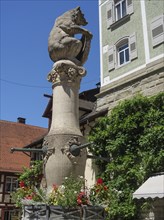 Large bear statue on a fountain in front of a historic building, surrounded by flowers on a sunny