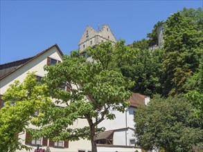 View of a medieval castle on a hill with trees and houses in the foreground on a sunny day,