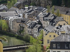 Historic houses with slate roofs along a river and a bridge, surrounded by trees, Luxembourg City,