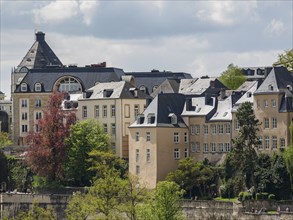 Historic buildings with slate-tipped roofs surrounded by green trees, clouds and blue sky in the