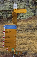 Multi-coloured hiking signposts in an autumnal Alpine landscape with information on various hiking