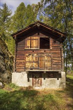 Old wooden house in rustic style in sunny autumn weather in the Alps. Surrounded by trees and green