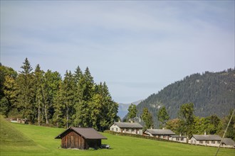 A lonely wooden hut stands on a green meadow, surrounded by trees and mountains in the distance,