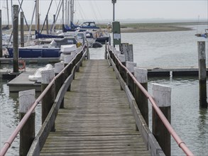 A wooden jetty leads to a marina with several sailing boats in the background, Spiekeroog, East