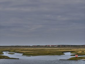 Wide landscape with houses in the distance, a body of water and a cloudy sky, Spiekeroog, East