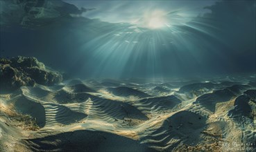 Dramatic sunlight rays penetrating deep blue water, illuminating undulating sand dunes on the ocean