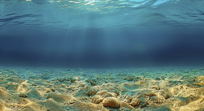 Peaceful underwater scene with blue water descending to a sandy ocean floor AI generated