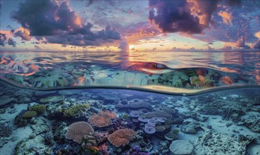 Split view image capturing a vibrant coral reef beneath a colorful sunset sky with dramatic clouds