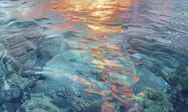 Close-up of water surface reflecting the colors of the sunset, creating a serene and colorful