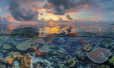 Split view of a sunset over the ocean with a vibrant sky and coral reef just below the water