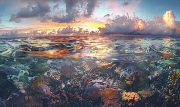 Half underwater view showcasing a vibrant sunset sky with a colorful coral reef beneath the surface