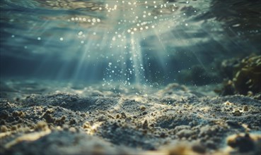 Underwater view with sun rays penetrating, illuminating the tranquil seabed with bubbles suspended