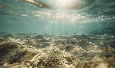 A calm underwater scene with a sandy seabed, illuminated by gentle sunlight in clear blue water AI