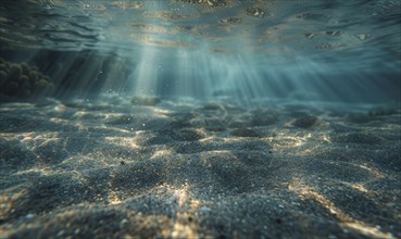 A peaceful underwater image with light rays filtering through clear water and illuminating a sandy