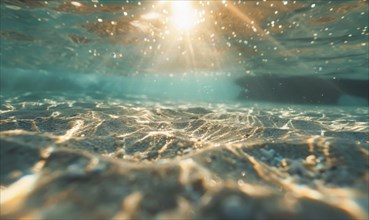 A serene underwater scene with sunlight casting reflections on a sandy seabed, creating a warm