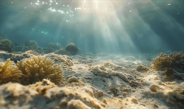 An underwater view featuring a sandy seabed with coral, bathed in warm sunlight and clear water AI