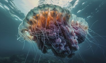 Grand jellyfish gliding, nature background AI generated