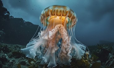 Grand jellyfish gliding, nature background AI generated