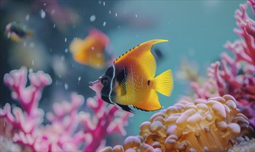 Cockerel fish traversing with wrasse, bright colored fish in the water AI generated