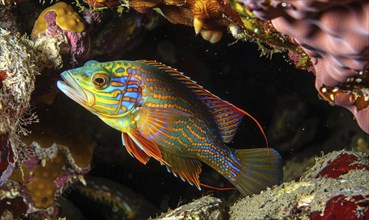 Cockerel fish traversing with wrasse, bright colored fish in the water AI generated