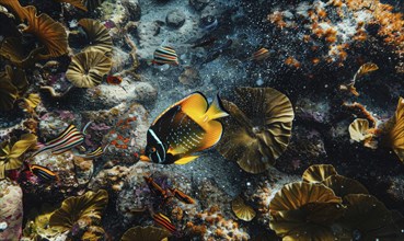 Cockerel fish swimming with butterflyfish AI generated