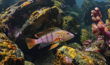 Cockerel fish swimming alongside wrasse AI generated