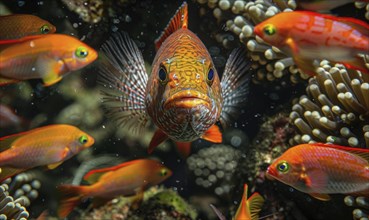 Cockerel fish surrounded by damselfish AI generated