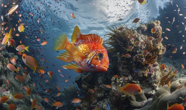 Cockerel fish surrounded by damselfish AI generated