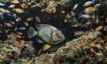 Cockerel fish surrounded by damselfish AI generated