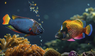 Cockerel fish and surgeonfish in the water closeup view AI generated