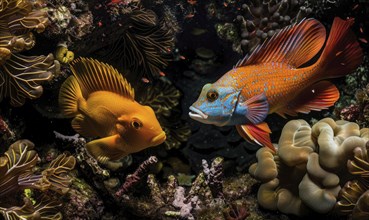 Cockerel fish and surgeonfish in the water closeup view AI generated