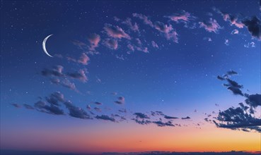 Night sky with wispy clouds and a crescent moon AI generated