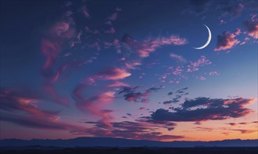 Night sky with wispy clouds and a crescent moon AI generated