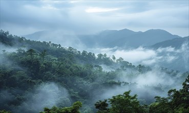Hazy sky and thin layers of clouds, mist in the mounts AI generated
